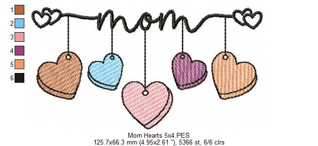 Mom 5 Hearts - Rippled Stitch - Machine Embroidery Design