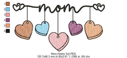 Mom 5 Hearts - Rippled Stitch - Machine Embroidery Design