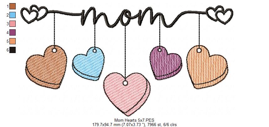 Mom 5 Hearts - Rippled Stitch - Machine Embroidery Design
