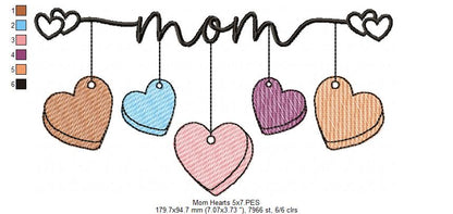 Mom 5 Hearts - Rippled Stitch - Machine Embroidery Design