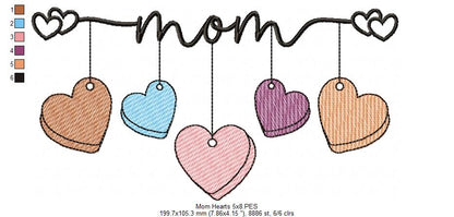 Mom 5 Hearts - Rippled Stitch - Machine Embroidery Design