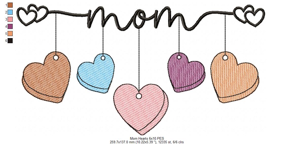 Mom 5 Hearts - Rippled Stitch - Machine Embroidery Design