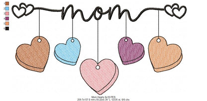 Mom 5 Hearts - Rippled Stitch - Machine Embroidery Design