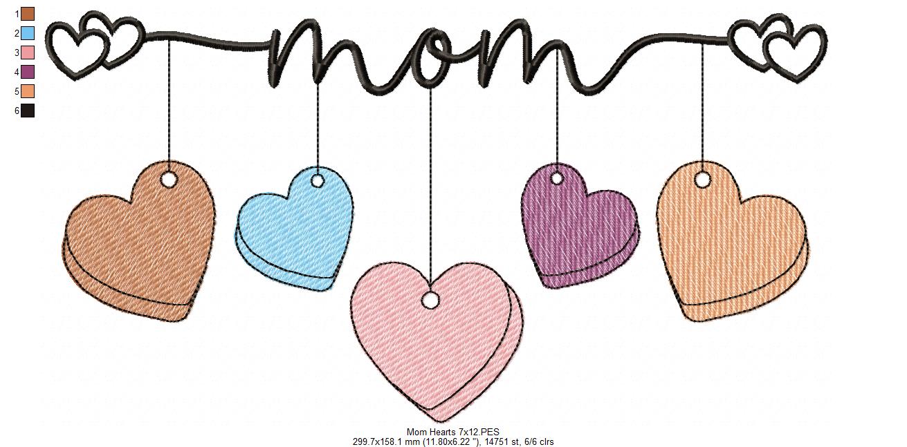 Mom 5 Hearts - Rippled Stitch - Machine Embroidery Design