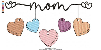 Mom 5 Hearts - Rippled Stitch - Machine Embroidery Design