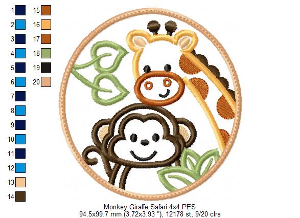 Safari Rounded Monkey and Giraffe - Applique - Machine Embroidery Design