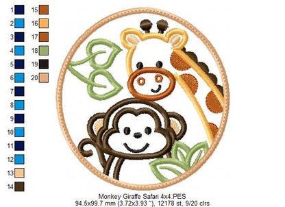 Safari Rounded Monkey and Giraffe - Applique - Machine Embroidery Design