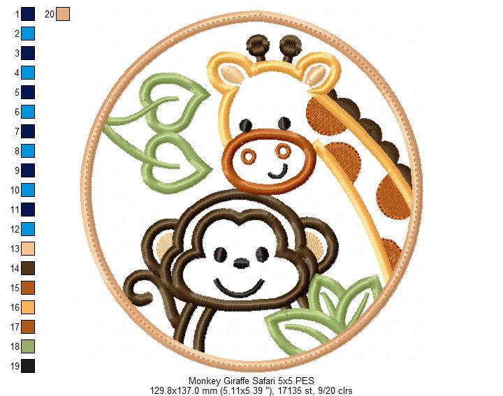 Safari Rounded Monkey and Giraffe - Applique - Machine Embroidery Design