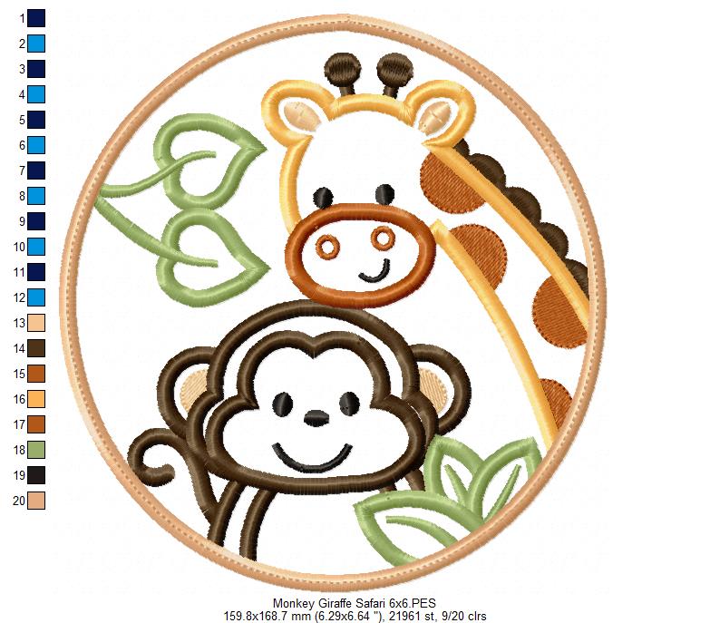 Safari Rounded Monkey and Giraffe - Applique - Machine Embroidery Design