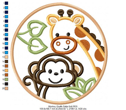 Safari Rounded Monkey and Giraffe - Applique - Machine Embroidery Design