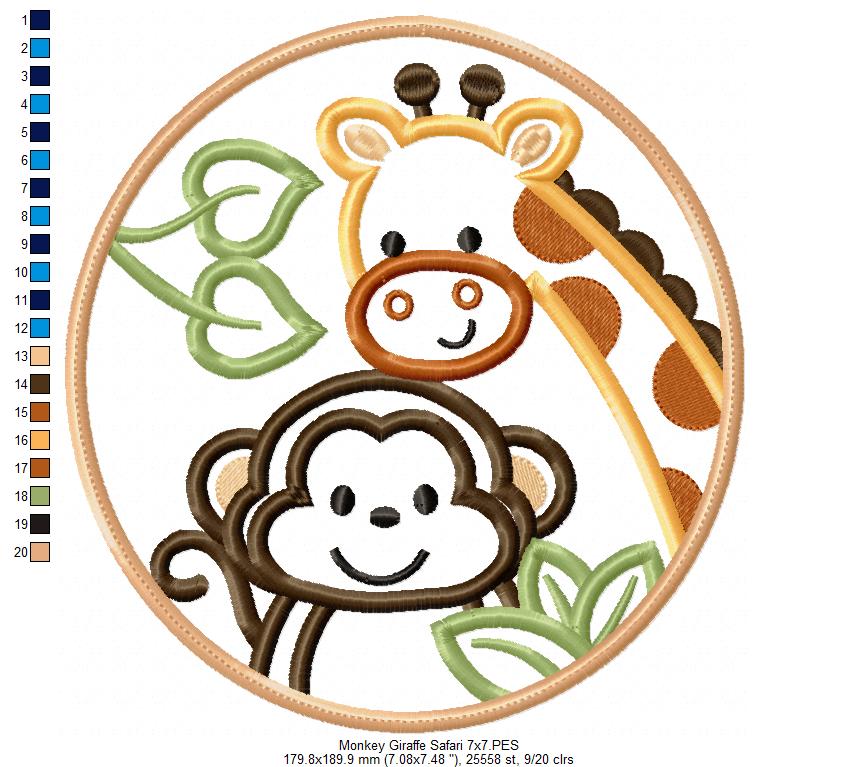 Safari Rounded Monkey and Giraffe - Applique - Machine Embroidery Design