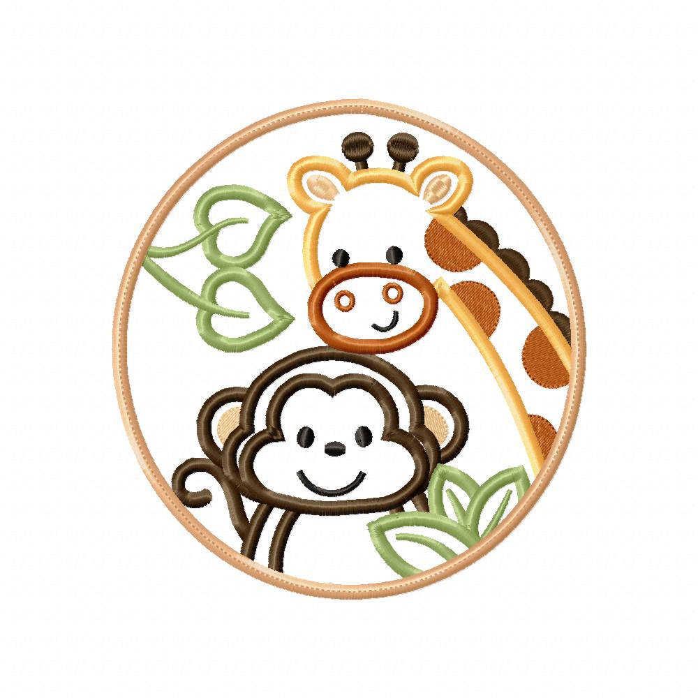 Safari Rounded Monkey and Giraffe - Applique - Machine Embroidery Design