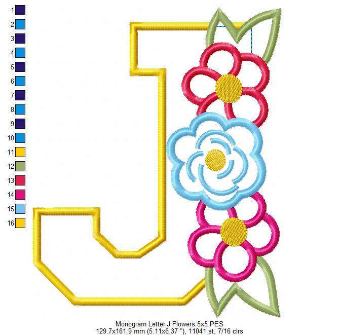 Monogram J and Flowers - Applique