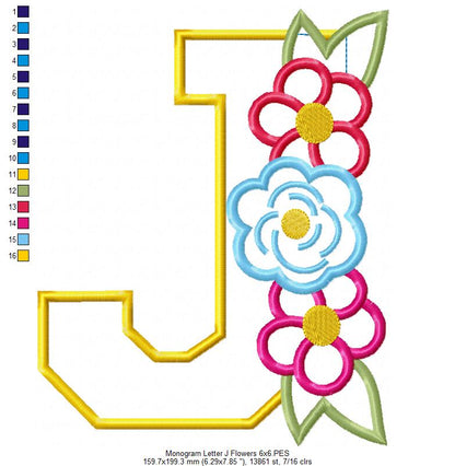 Monogram J and Flowers - Applique