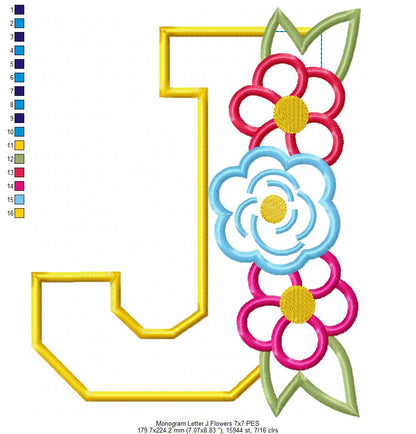 Monogram J and Flowers - Applique