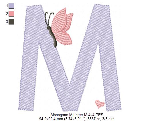 Monogram M Letter M Butterfly - Rippled Stitch