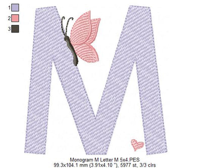 Monogram M Letter M Butterfly - Rippled Stitch
