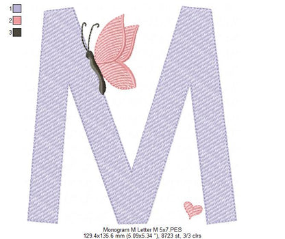 Monogram M Letter M Butterfly - Rippled Stitch