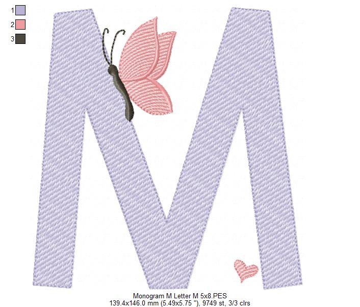 Monogram M Letter M Butterfly - Rippled Stitch