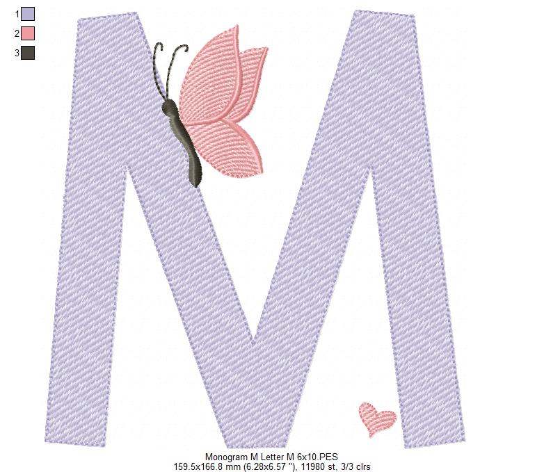 Monogram M Letter M Butterfly - Rippled Stitch