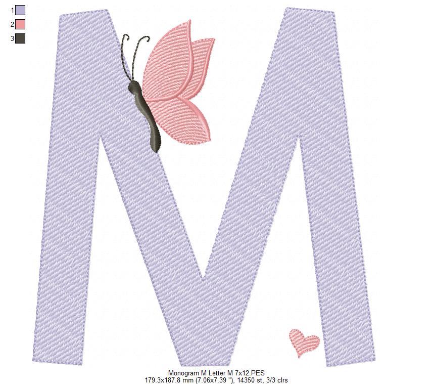 Monogram M Letter M Butterfly - Rippled Stitch