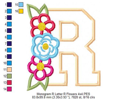 Monogram R and Flowers - Applique