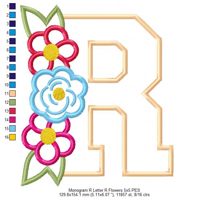 Monogram R and Flowers - Applique