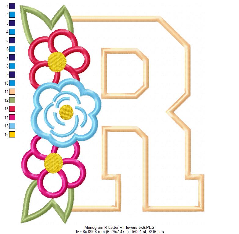 Monogram R and Flowers - Applique