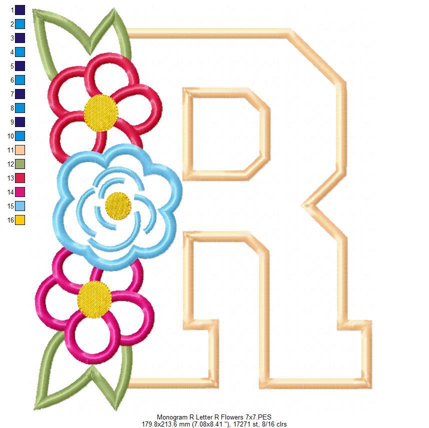 Monogram R and Flowers - Applique