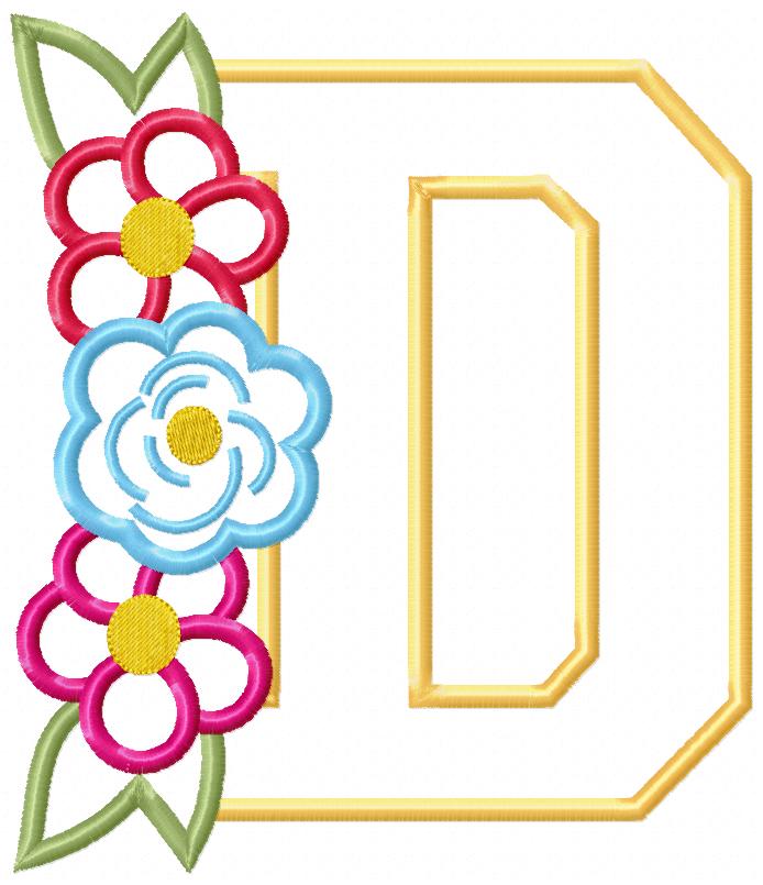 Lovely Flowers Monogram D - Applique - Machine Embroidery Design