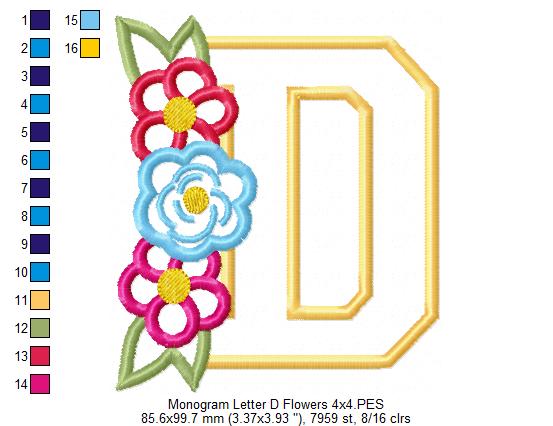 Lovely Flowers Monogram D - Applique - Machine Embroidery Design