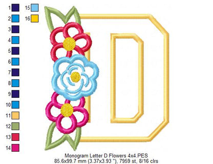 Lovely Flowers Monogram D - Applique - Machine Embroidery Design