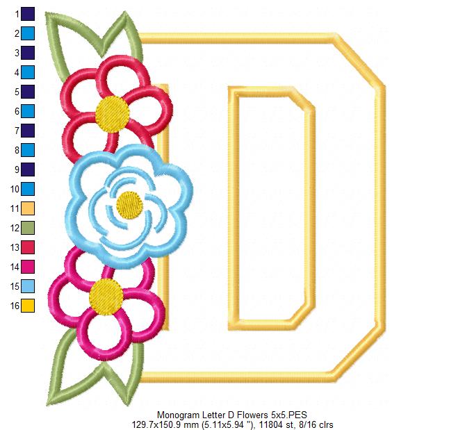Lovely Flowers Monogram D - Applique - Machine Embroidery Design