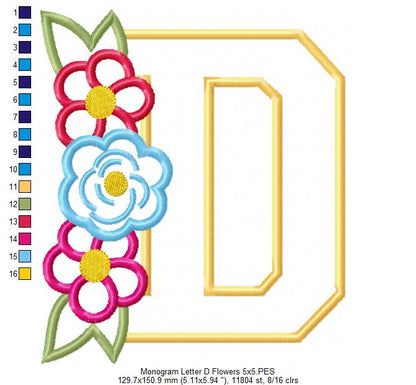 Lovely Flowers Monogram D - Applique - Machine Embroidery Design