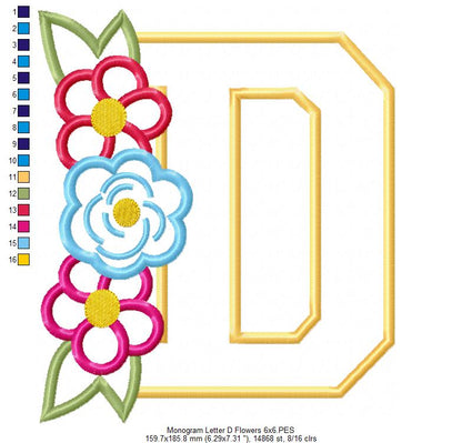 Lovely Flowers Monogram D - Applique - Machine Embroidery Design