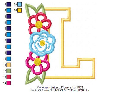 L is for Love Flowers – Applique – Machine Embroidery Design