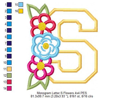 S is for Spring Flowers – Applique – Machine Embroidery Design
