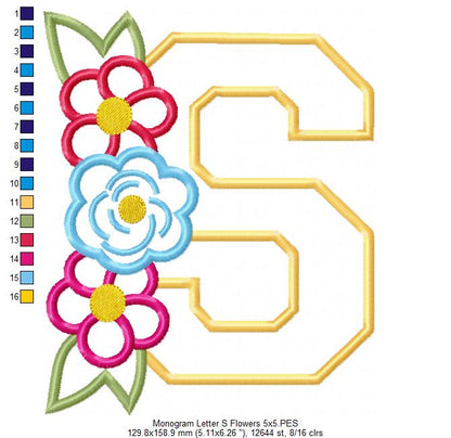 S is for Spring Flowers – Applique – Machine Embroidery Design
