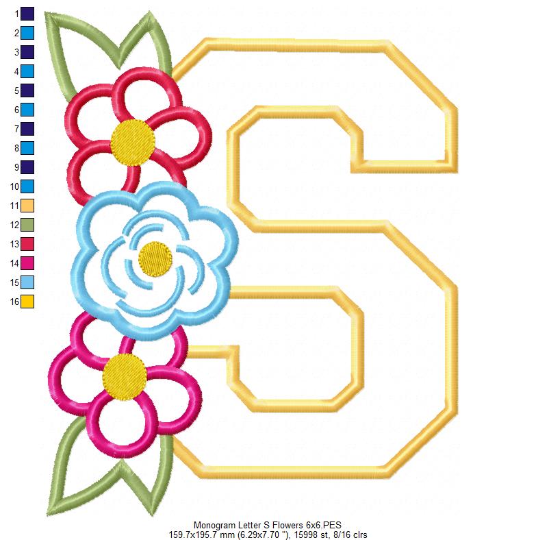 S is for Spring Flowers – Applique – Machine Embroidery Design