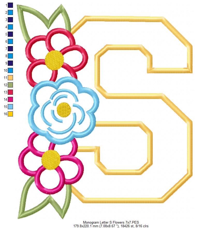 S is for Spring Flowers – Applique – Machine Embroidery Design