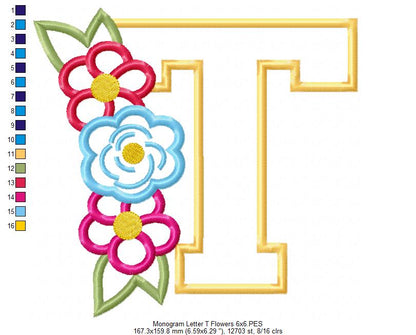 🌸 T is for Terrific Blooms – Applique – Machine Embroidery Design