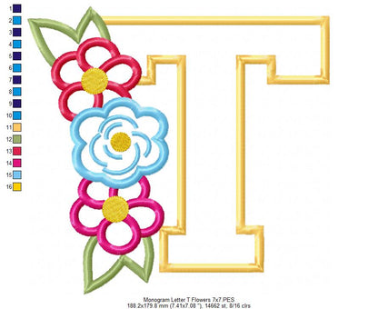 🌸 T is for Terrific Blooms – Applique – Machine Embroidery Design