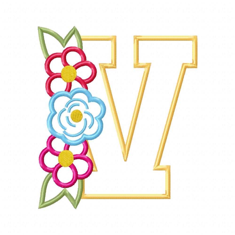 Monogram V and Flowers - Applique - Machine Embroidery Design