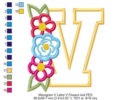Monogram V and Flowers - Applique - Machine Embroidery Design