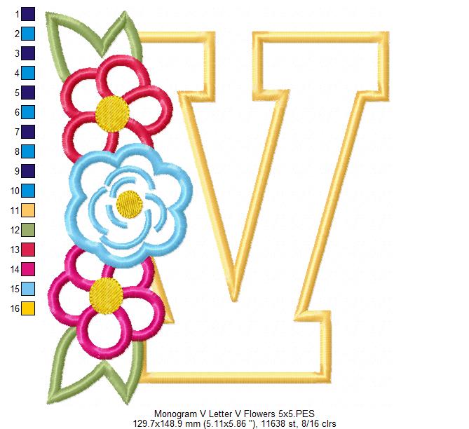 Monogram V and Flowers - Applique - Machine Embroidery Design