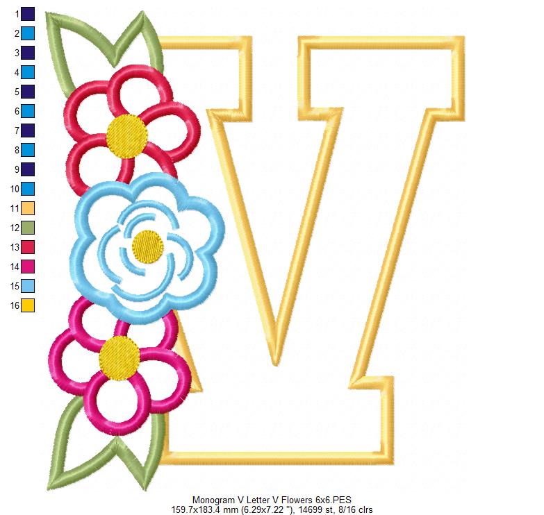 Monogram V and Flowers - Applique - Machine Embroidery Design