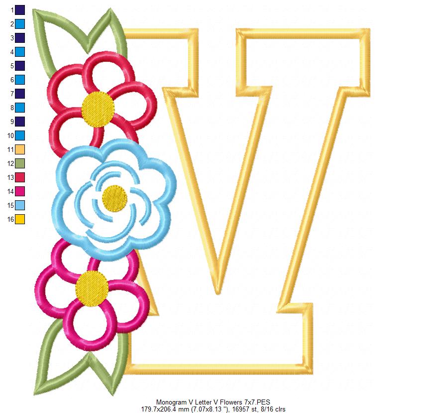 Monogram V and Flowers - Applique - Machine Embroidery Design