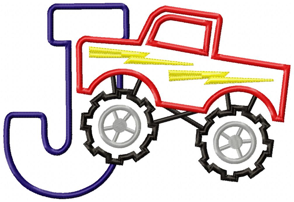 Monster Truck Letter J Design - Appliqué – Machine Embroidery Design
