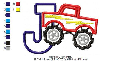 Monster Truck Letter J Design - Appliqué – Machine Embroidery Design