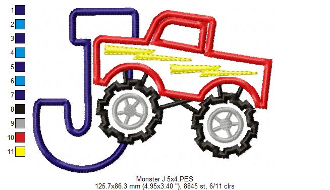 Monster Truck Letter J Design - Appliqué – Machine Embroidery Design
